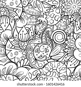 Tracery seamless pattern. Mehndi design. Ethnic monochrome binary doodle texture. Curved doodling black and white background. Vector