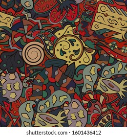 Tracery seamless pattern. Mehndi design. Ethnic colorful doodle texture. Curved doodling background. Vector