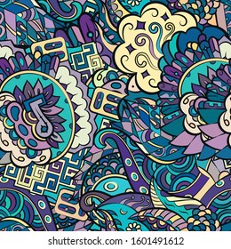 Tracery seamless pattern. Mehndi design. Ethnic colorful doodle texture. Curved doodling background. Vector