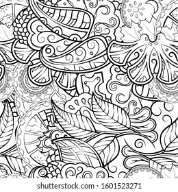 Tracery seamless pattern. Mehndi design. Ethnic monochrome binary doodle texture. Curved doodling black and white background. Vector