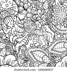Tracery seamless pattern. Mehndi design. Ethnic monochrome binary doodle texture. Curved doodling black and white background. Vector