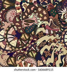 Tracery seamless pattern. Mehndi design. Ethnic colorful doodle texture. Curved doodling background. Vector