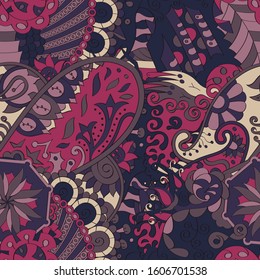 Tracery seamless pattern. Mehndi design. Ethnic colorful doodle texture. Curved doodling background. Vector
