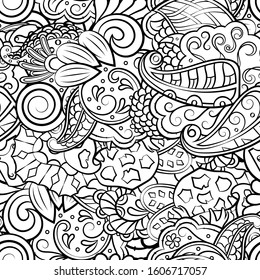 Tracery seamless pattern. Mehndi design. Ethnic monochrome binary doodle texture. Curved doodling black and white background. Vector