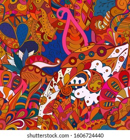 Tracery seamless pattern. Mehndi design. Ethnic colorful doodle texture. Curved doodling background. Vector