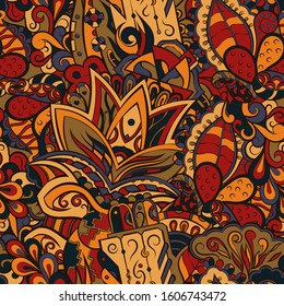 Tracery seamless pattern. Mehndi design. Ethnic colorful doodle texture. Curved doodling background. Vector