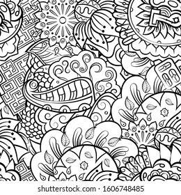 Tracery seamless pattern. Mehndi design. Ethnic monochrome binary doodle texture. Curved doodling black and white background. Vector