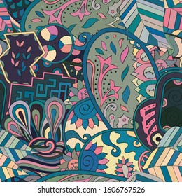 Tracery seamless pattern. Mehndi design. Ethnic colorful doodle texture. Curved doodling background. Vector
