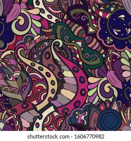 Tracery seamless pattern. Mehndi design. Ethnic colorful doodle texture. Curved doodling background. Vector