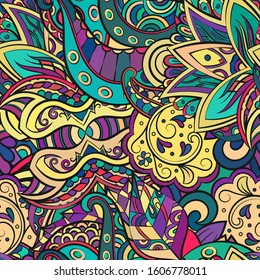 Tracery seamless pattern. Mehndi design. Ethnic colorful doodle texture. Curved doodling background. Vector
