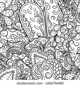 Tracery seamless pattern. Mehndi design. Ethnic monochrome binary doodle texture. Curved doodling black and white background. Vector