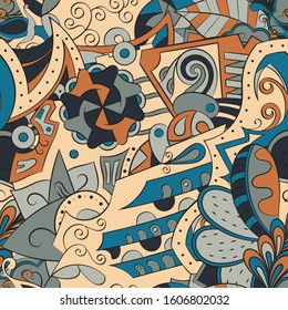 Tracery seamless pattern. Mehndi design. Ethnic colorful doodle texture. Curved doodling background. Vector