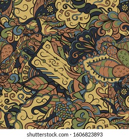 Tracery seamless pattern. Mehndi design. Ethnic colorful doodle texture. Curved doodling background. Vector