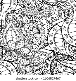 Tracery seamless pattern. Mehndi design. Ethnic monochrome binary doodle texture. Curved doodling black and white background. Vector