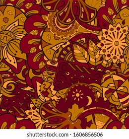 Tracery seamless pattern. Mehndi design. Ethnic colorful doodle texture. Curved doodling background. Vector