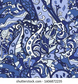 Tracery seamless pattern. Mehndi design. Ethnic colorful doodle texture. Curved doodling background. Vector