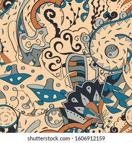 Tracery seamless pattern. Mehndi design. Ethnic colorful doodle texture. Curved doodling background. Vector