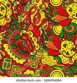 Tracery seamless pattern. Mehndi design. Ethnic colorful doodle texture. Curved doodling background. Vector