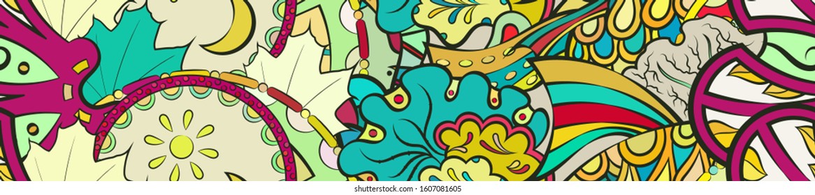 Tracery seamless pattern. Mehndi design. Ethnic colorful doodle texture. Curved doodling background. Vector