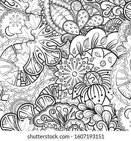 Tracery seamless pattern. Mehndi design. Ethnic monochrome binary doodle texture. Curved doodling black and white background. Vector