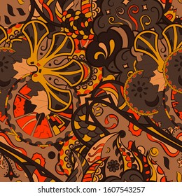Tracery seamless pattern. Mehndi design. Ethnic colorful doodle texture. Curved doodling background. Vector