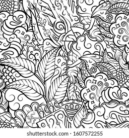 Tracery seamless pattern. Mehndi design. Ethnic monochrome binary doodle texture. Curved doodling black and white background. Vector