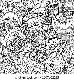 Tracery seamless pattern. Mehndi design. Ethnic monochrome binary doodle texture. Curved doodling black and white background. Vector