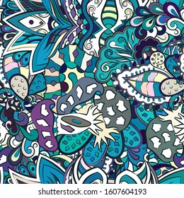 Tracery seamless pattern. Mehndi design. Ethnic colorful doodle texture. Curved doodling background. Vector