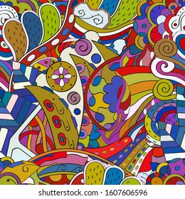 Tracery seamless pattern. Mehndi design. Ethnic colorful doodle texture. Curved doodling background. Vector