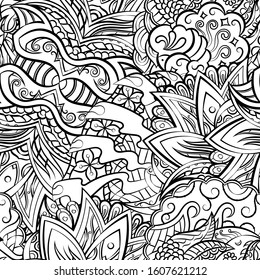 Tracery seamless pattern. Mehndi design. Ethnic monochrome binary doodle texture. Curved doodling black and white background. Vector