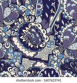 Tracery seamless pattern. Mehndi design. Ethnic colorful doodle texture. Curved doodling background. Vector