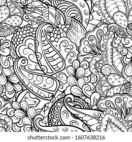 Tracery seamless pattern. Mehndi design. Ethnic monochrome binary doodle texture. Curved doodling black and white background. Vector