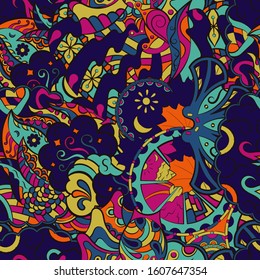Tracery seamless pattern. Mehndi design. Ethnic colorful doodle texture. Curved doodling background. Vector