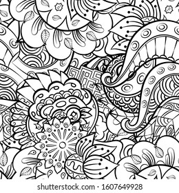 Tracery seamless pattern. Mehndi design. Ethnic monochrome binary doodle texture. Curved doodling black and white background. Vector