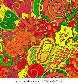 Tracery seamless pattern. Mehndi design. Ethnic colorful doodle texture. Curved doodling background. Vector