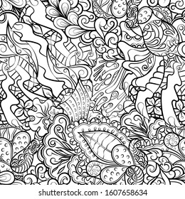 Tracery seamless pattern. Mehndi design. Ethnic monochrome binary doodle texture. Curved doodling black and white background. Vector