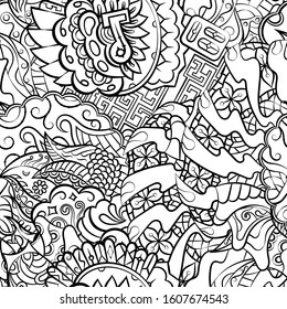 Tracery seamless pattern. Mehndi design. Ethnic monochrome binary doodle texture. Curved doodling black and white background. Vector