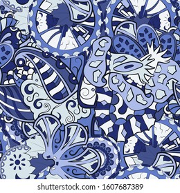 Tracery seamless pattern. Mehndi design. Ethnic colorful doodle texture. Curved doodling background. Vector