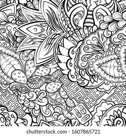 Tracery seamless pattern. Mehndi design. Ethnic monochrome binary doodle texture. Curved doodling black and white background. Vector