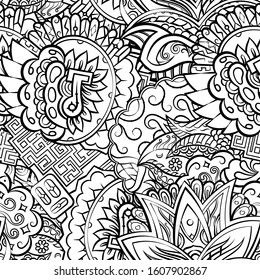 Tracery seamless pattern. Mehndi design. Ethnic monochrome binary doodle texture. Curved doodling black and white background. Vector