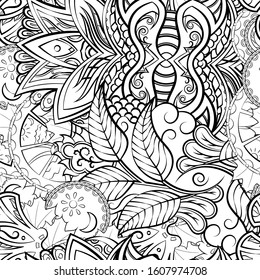 Tracery seamless pattern. Mehndi design. Ethnic monochrome binary doodle texture. Curved doodling black and white background. Vector