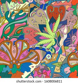 Tracery seamless pattern. Mehndi design. Ethnic colorful doodle texture. Curved doodling background. Vector