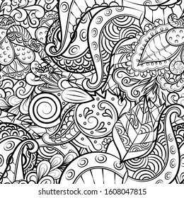Tracery seamless pattern. Mehndi design. Ethnic monochrome binary doodle texture. Curved doodling black and white background. Vector