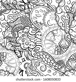 Tracery seamless pattern. Mehndi design. Ethnic monochrome binary doodle texture. Curved doodling black and white background. Vector