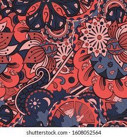 Tracery seamless pattern. Mehndi design. Ethnic colorful doodle texture. Curved doodling background. Vector