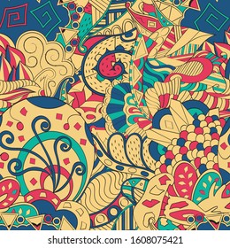 Tracery seamless pattern. Mehndi design. Ethnic colorful doodle texture. Curved doodling background. Vector