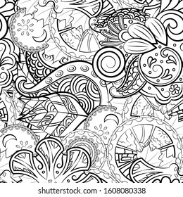 Tracery seamless pattern. Mehndi design. Ethnic monochrome binary doodle texture. Curved doodling black and white background. Vector