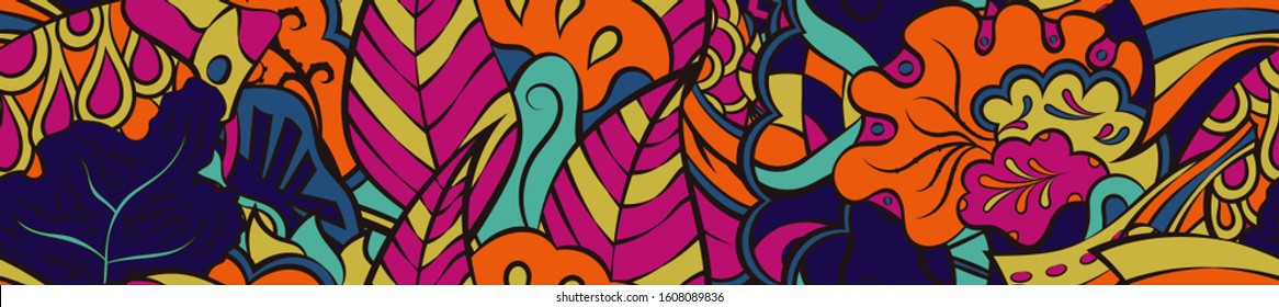 Tracery seamless pattern. Mehndi design. Ethnic colorful doodle texture. Curved doodling background. Vector