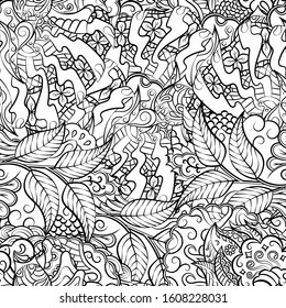 Tracery seamless pattern. Mehndi design. Ethnic monochrome binary doodle texture. Curved doodling black and white background. Vector