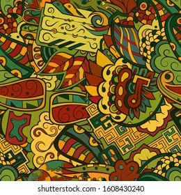 Tracery seamless pattern. Mehndi design. Ethnic colorful doodle texture. Curved doodling background. Vector